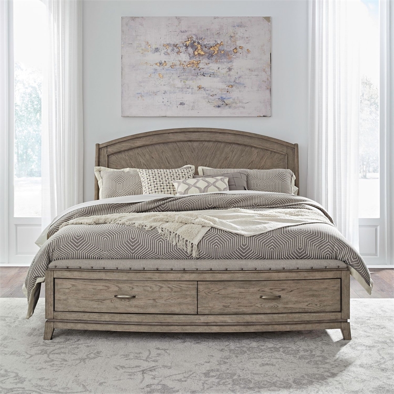 Pemberly Row King Panel Storage Bed with Padded Bench Seat in Burnished Beige