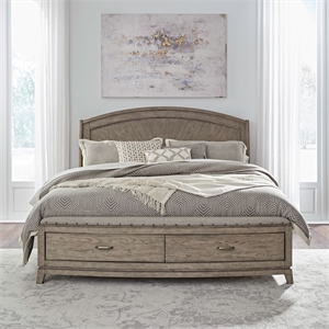 Pemberly Row King Panel Storage Bed with Padded Bench Seat in Burnished Beige