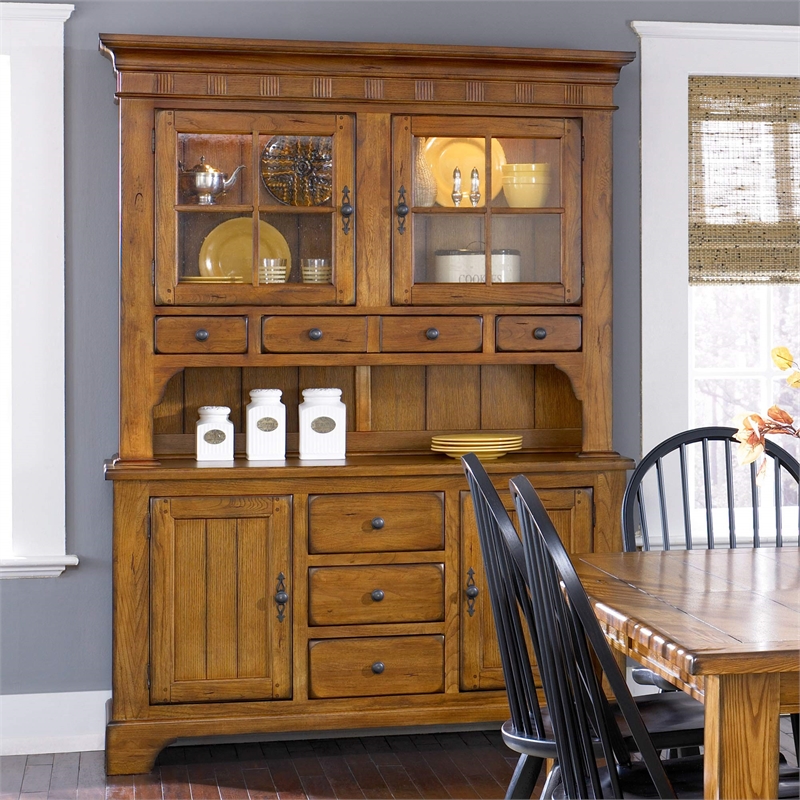 Pemberly Row Lighted Hutch and Buffet Set with Glass Doors in Medium Brown