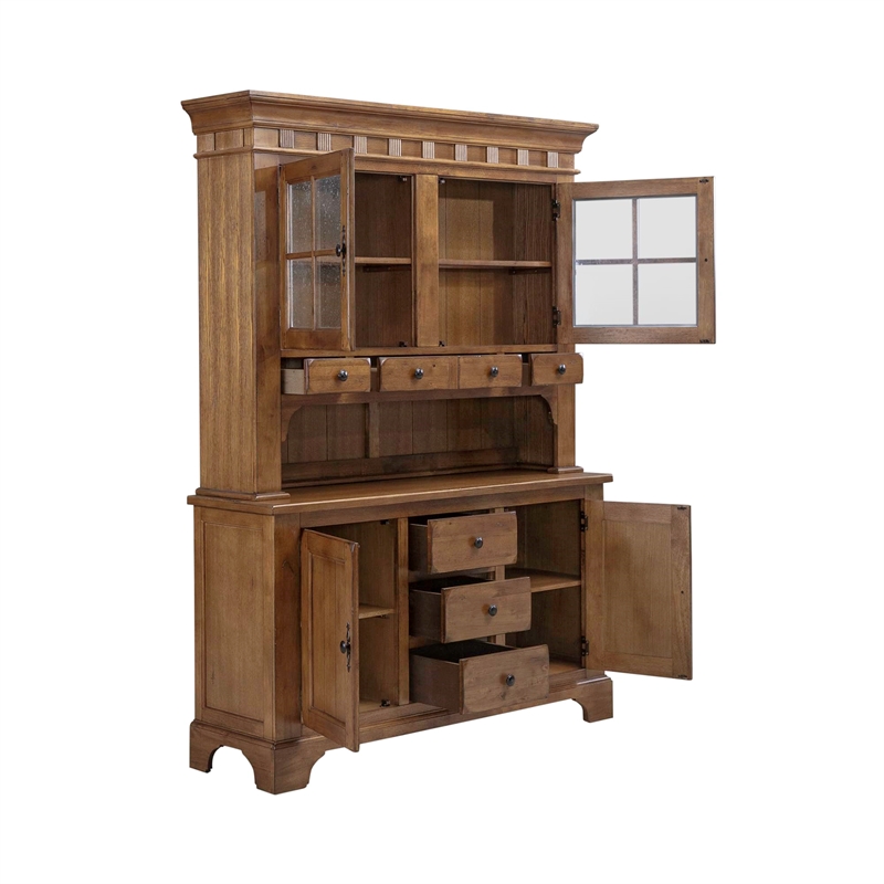 Pemberly Row Lighted Hutch and Buffet Set with Glass Doors in Medium Brown