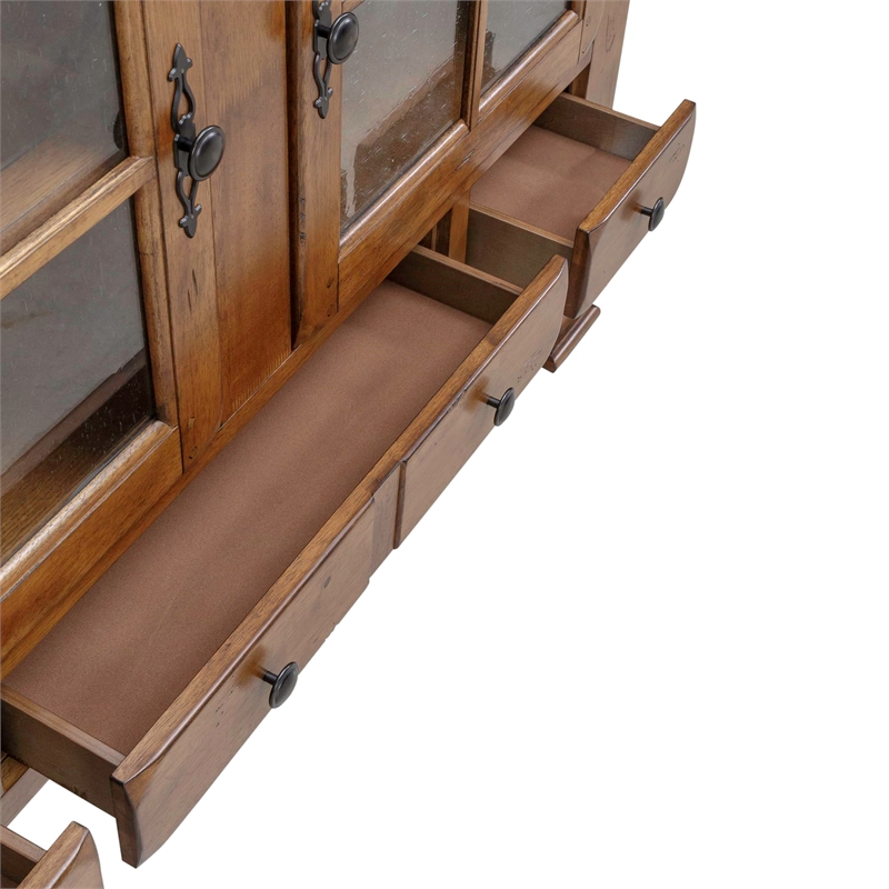 Pemberly Row Lighted Hutch and Buffet Set with Glass Doors in Medium Brown