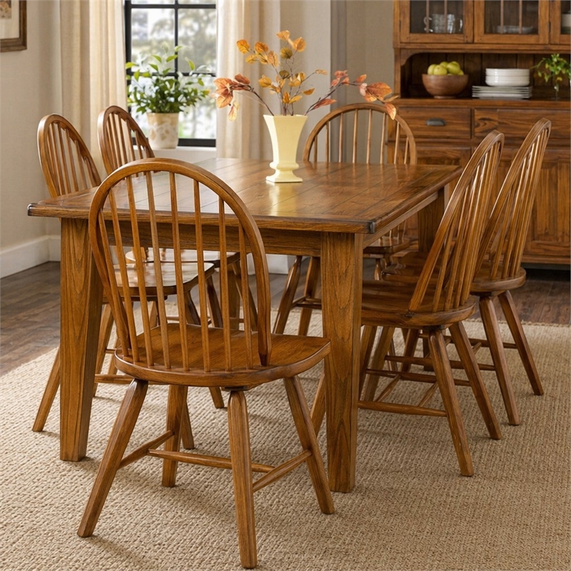 Pemberly Row Rectangular Leg Dining Table with 2 Leaves in Rustic Oak