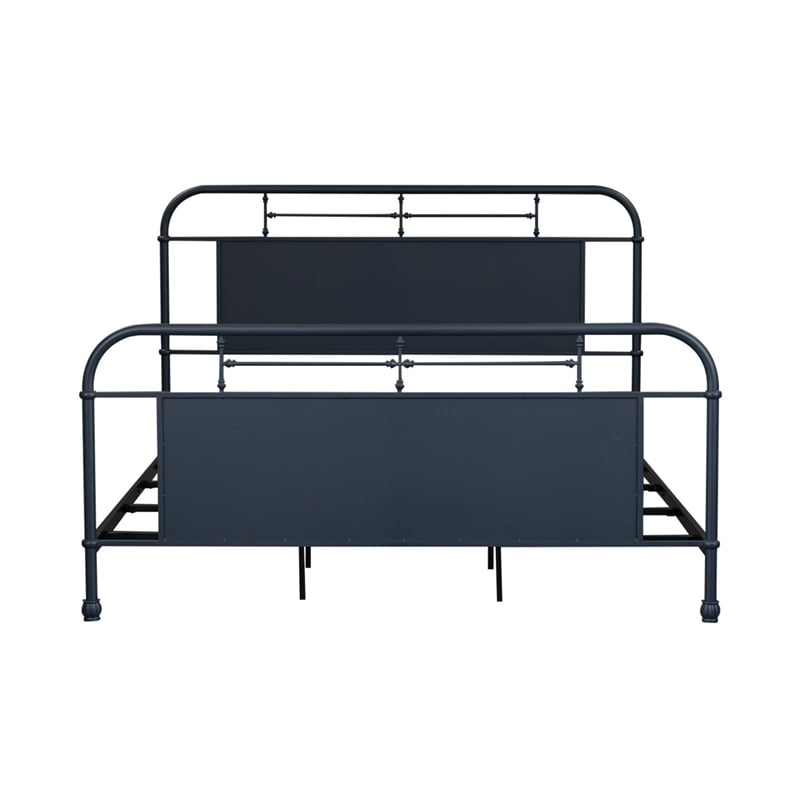 Pemberly Row King Metal Bed with Headboard Footboard and Rails in Navy