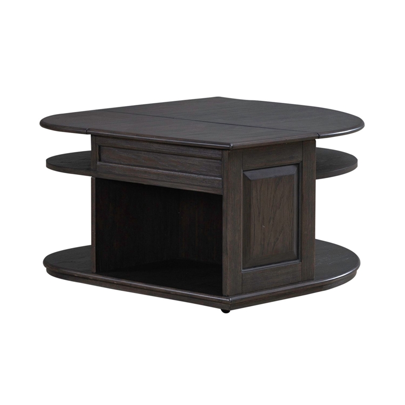Pemberly Row Wedge Shaped Lift Top Cocktail Table in Aged Oak