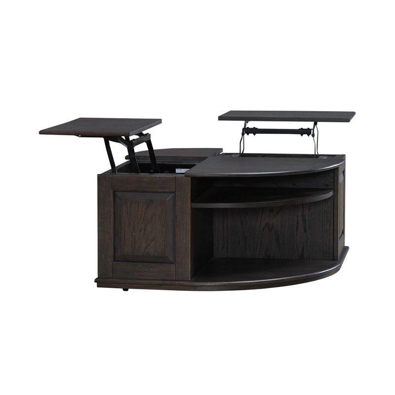 Pemberly Row Wedge Shaped Lift Top Cocktail Table in Aged Oak