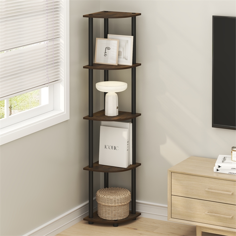 Pemberly Row 5 Tier Corner Bookshelf with Tool-Free Assembly in Amber Oak