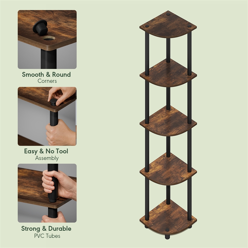 Pemberly Row 5 Tier Corner Bookshelf with Tool-Free Assembly in Amber Oak