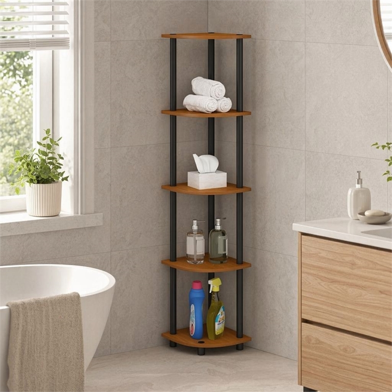Pemberly Row 5-Tier Corner Display Rack Shelving Unit in Light Cherry Oak