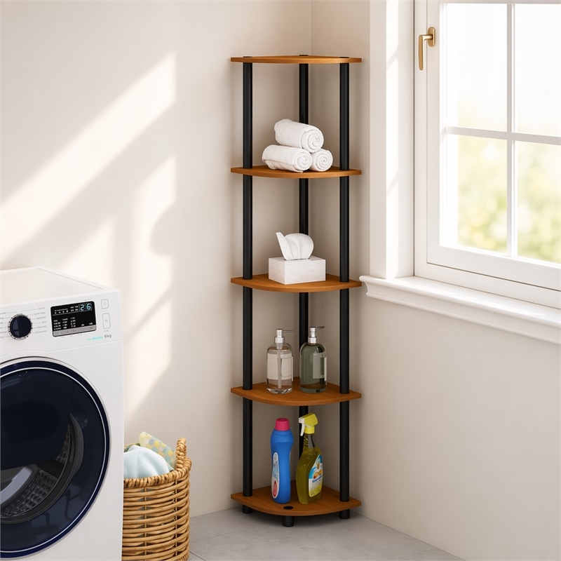 Pemberly Row 5-Tier Corner Display Rack Shelving Unit in Light Cherry Oak