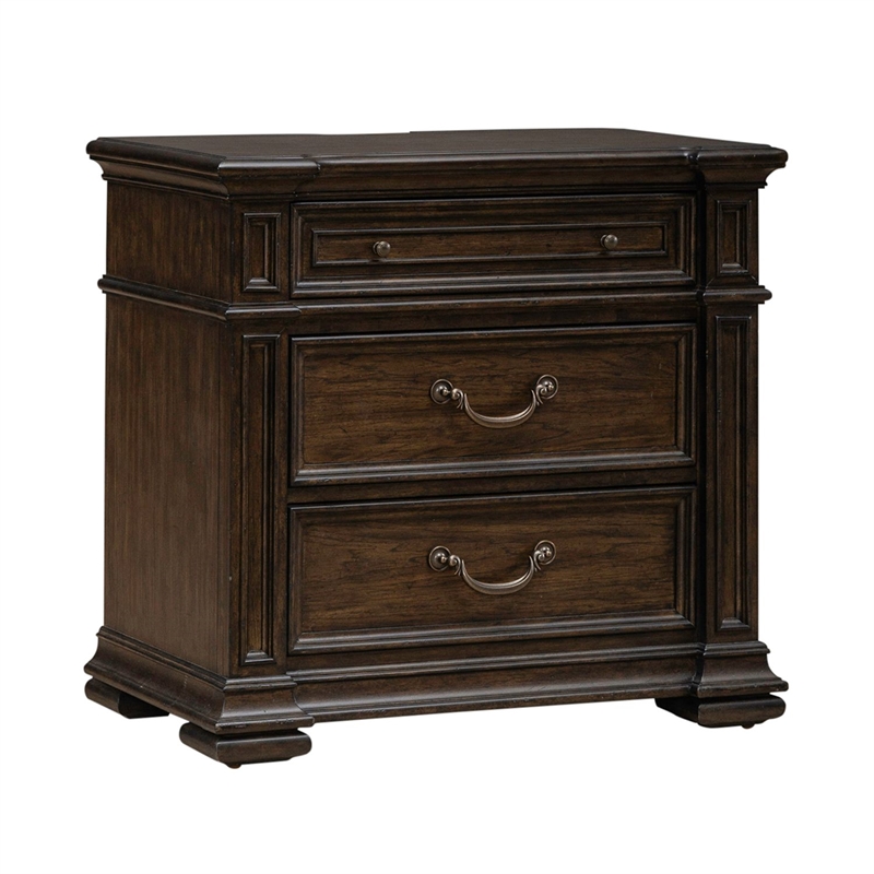 Pemberly Row Nightstand with Built-In Charging Station in Chateau Brown Hickory