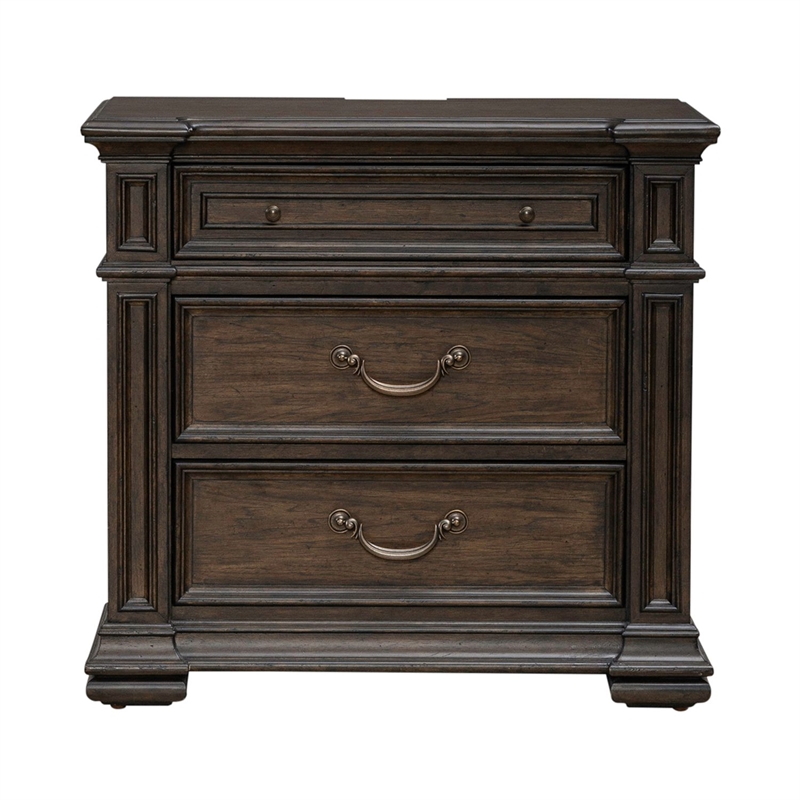 Pemberly Row Nightstand with Built-In Charging Station in Chateau Brown Hickory