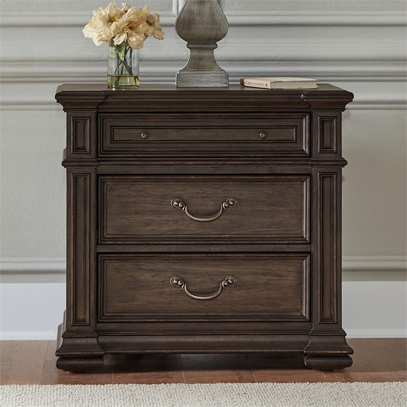 Pemberly Row Nightstand with Built-In Charging Station in Chateau Brown Hickory