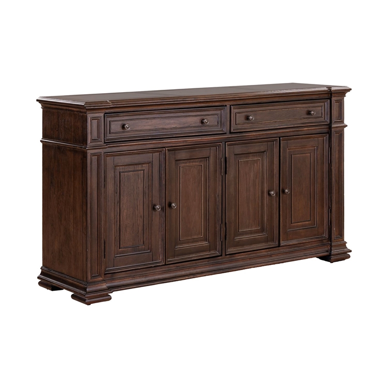 Pemberly Row Dining Buffet Cabinet with Blue Stone Top Inserts in Brown Hickory