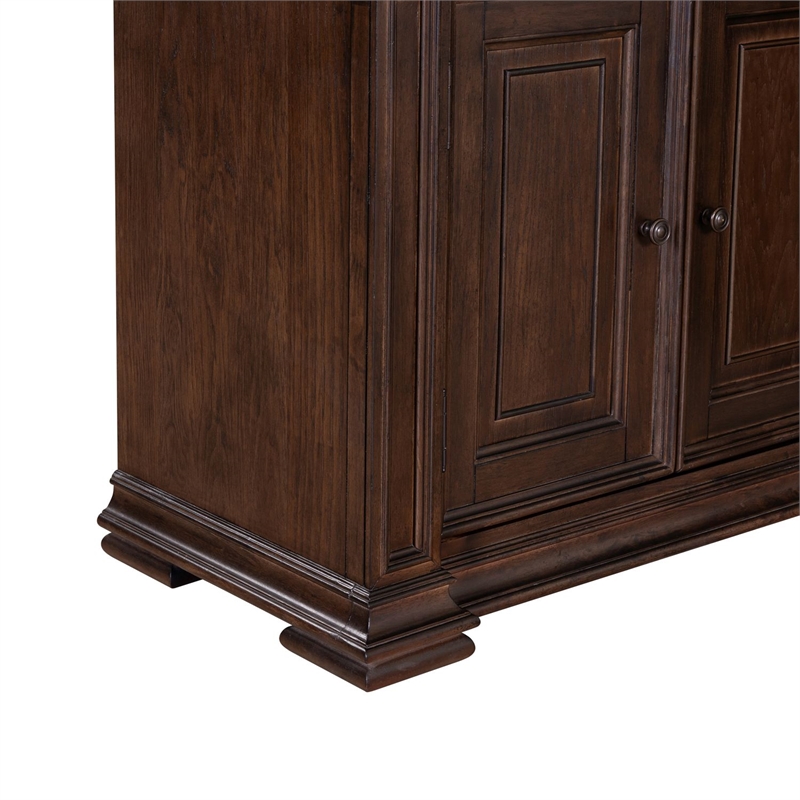 Pemberly Row Dining Buffet Cabinet with Blue Stone Top Inserts in Brown Hickory