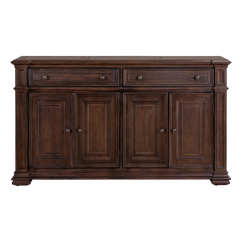 Pemberly Row Dining Buffet Cabinet with Blue Stone Top Inserts in Brown Hickory
