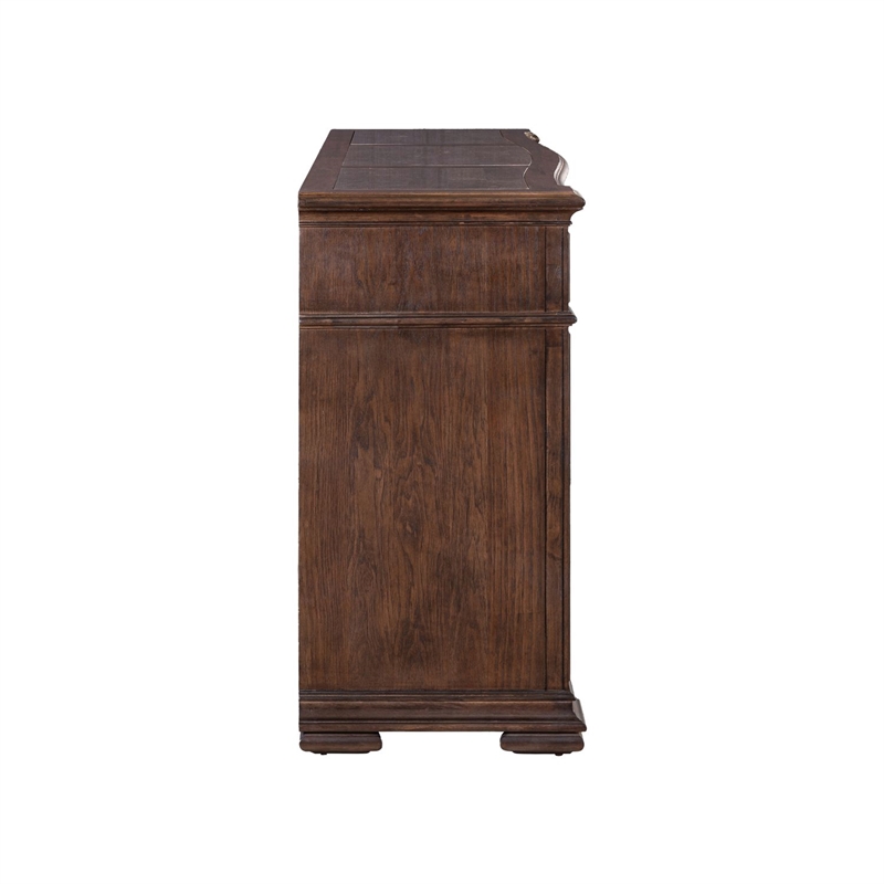 Pemberly Row Dining Buffet Cabinet with Blue Stone Top Inserts in Brown Hickory