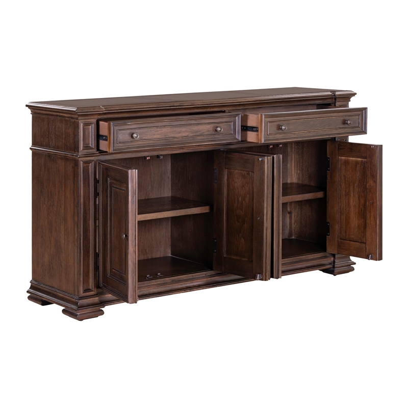 Pemberly Row Dining Buffet Cabinet with Blue Stone Top Inserts in Brown Hickory