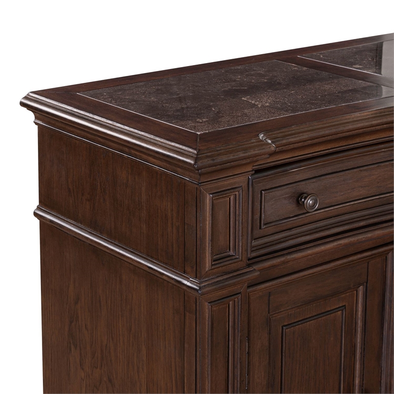 Pemberly Row Dining Buffet Cabinet with Blue Stone Top Inserts in Brown Hickory