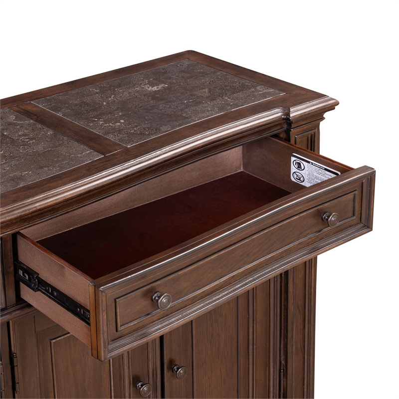 Pemberly Row Dining Buffet Cabinet with Blue Stone Top Inserts in Brown Hickory
