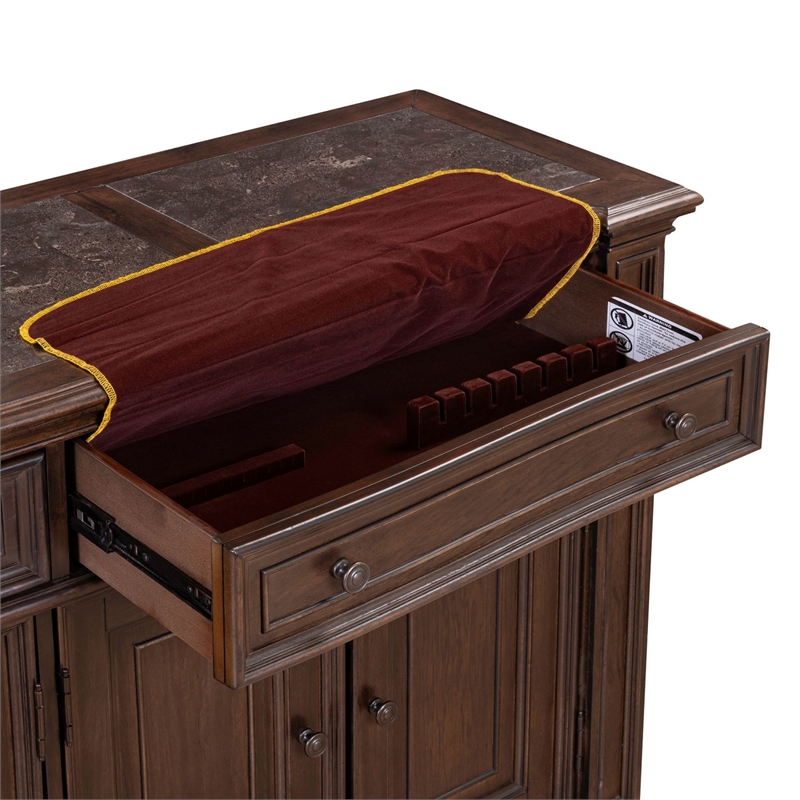 Pemberly Row Dining Buffet Cabinet with Blue Stone Top Inserts in Brown Hickory