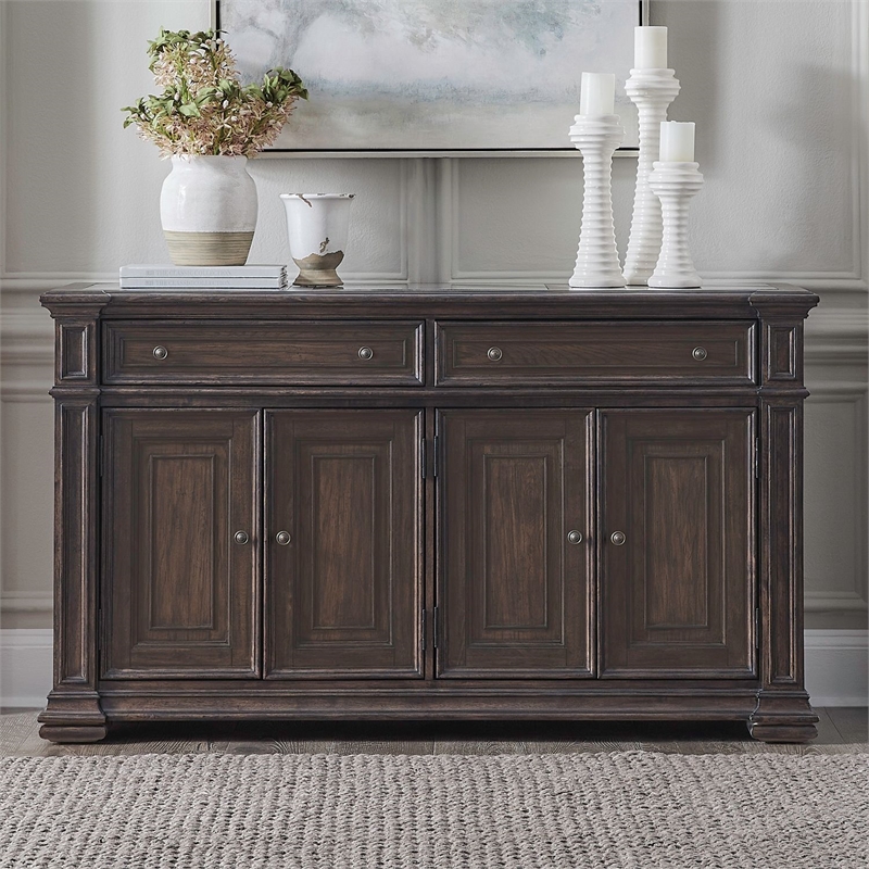 Pemberly Row Dining Buffet Cabinet with Blue Stone Top Inserts in Brown Hickory