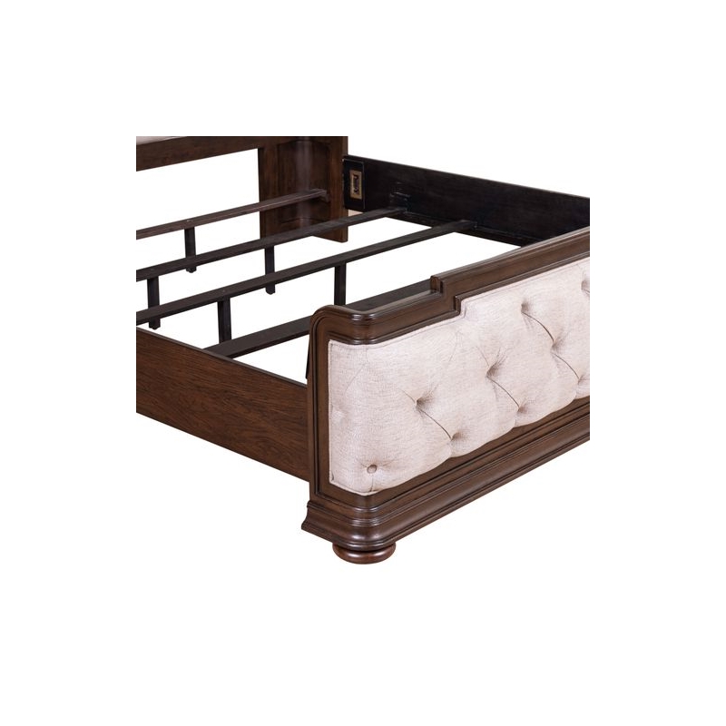 Pemberly Row King Upholstered Shelter Bed with Tufted Panel in Brown Hickory