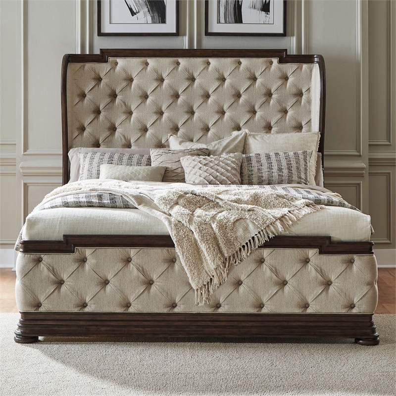 Pemberly Row King Upholstered Shelter Bed with Tufted Panel in Brown Hickory