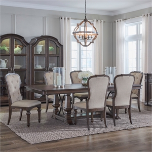 Pemberly Row 7 Piece Trestle Table Dining Set with Upholstered Chairs in Brown