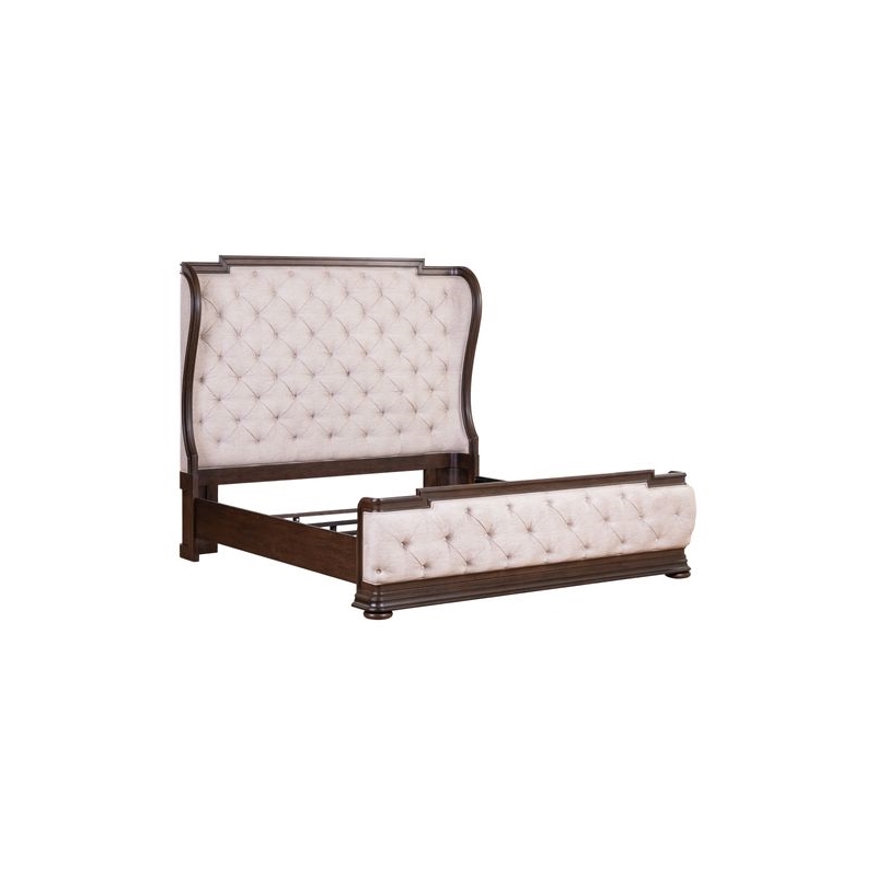 Pemberly Row Queen Upholstered Shelter Bed with Tufted Panel in Brown Hickory