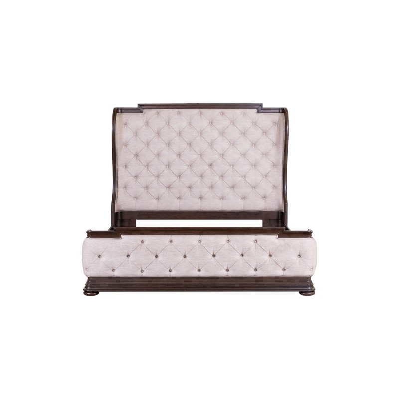 Pemberly Row Queen Upholstered Shelter Bed with Tufted Panel in Brown Hickory