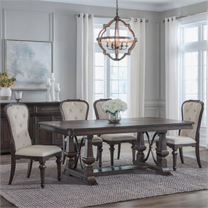Pemberly Row 5 Piece Trestle Table Dining Set with Upholstered Chairs in Brown