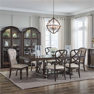Pemberly Row 7 Piece Trestle Dining Set with Mixed Chair Styles in Chateau Brown