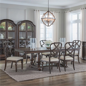 Pemberly Row 7 Piece Trestle Table Dining Set with Wood Back Chairs in Brown