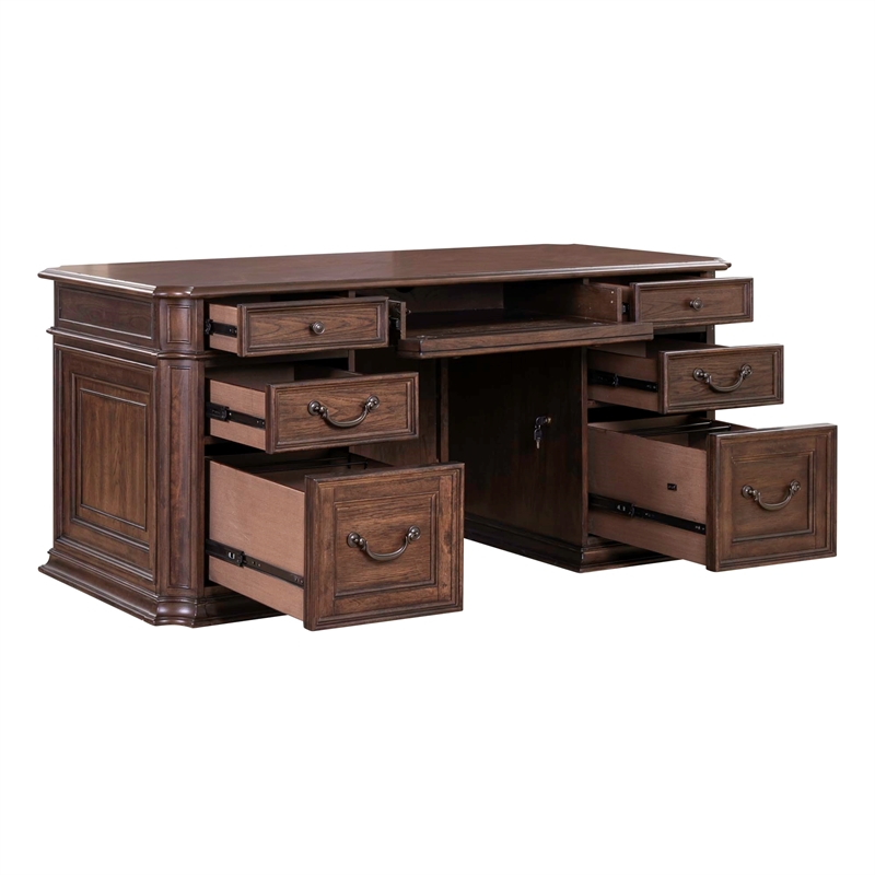 Pemberly Row Jr Executive Desk with Locking Drawers in Chateau Brown Hickory