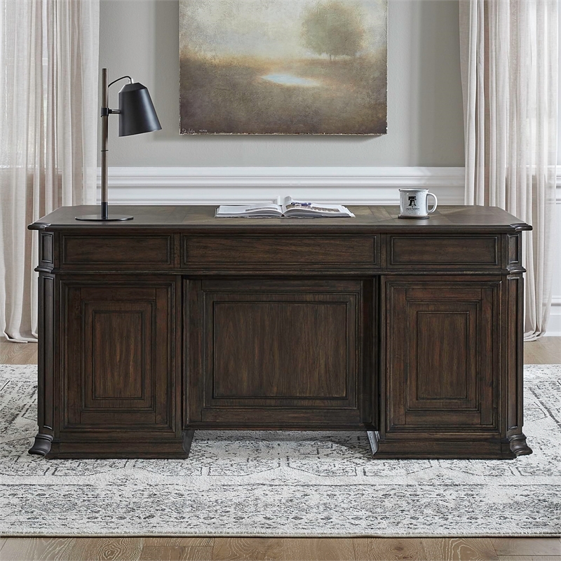Pemberly Row Jr Executive Desk with Locking Drawers in Chateau Brown Hickory