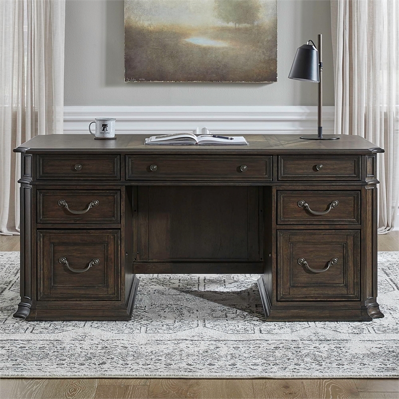 Pemberly Row Jr Executive Desk with Locking Drawers in Chateau Brown Hickory