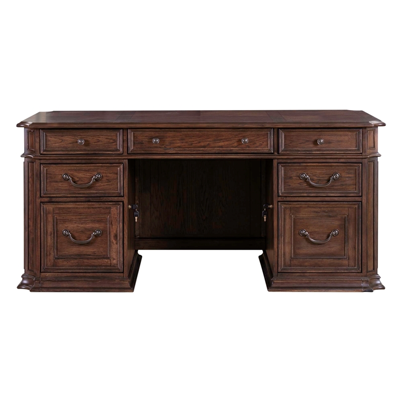 Pemberly Row Jr Executive Desk with Locking Drawers in Chateau Brown Hickory