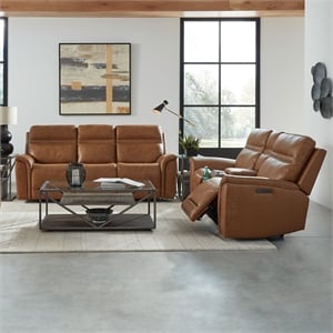 Pemberly Row Power Reclining Sofa & Loveseat Set in Camel Brown Leather