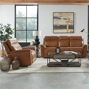 Pemberly Row Power Reclining Sofa & Recliner Set in Camel Brown Leather