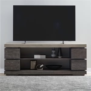 Pemberly Row 84 Inch TV Console with Floating Drawers in Brown Oak Wood