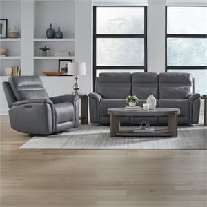 Pemberly Row Power Reclining Sofa & Recliner Set in Blue Gray Leather