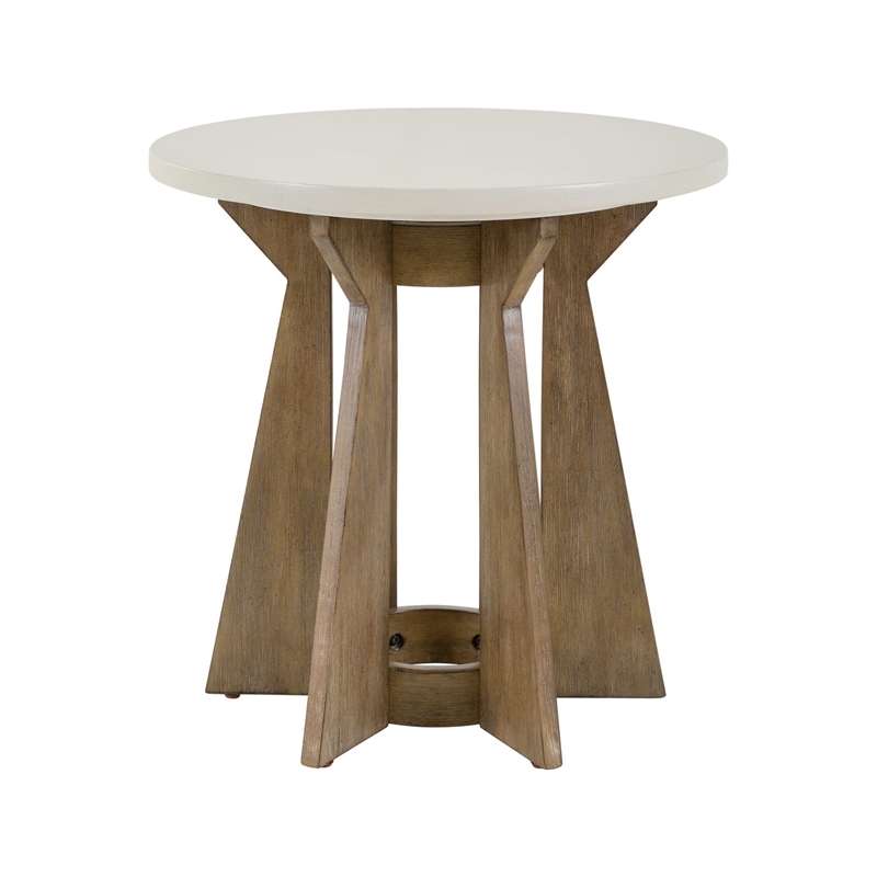 Pemberly Row Round Pedestal End Table with Fan Style Base in Linen and Khaki