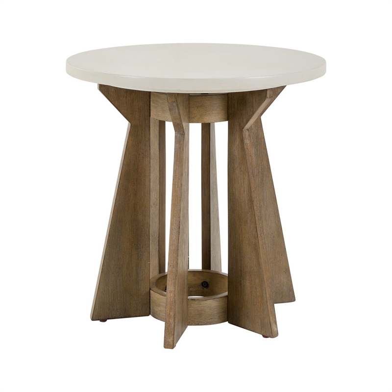 Pemberly Row Round Pedestal End Table with Fan Style Base in Linen and Khaki