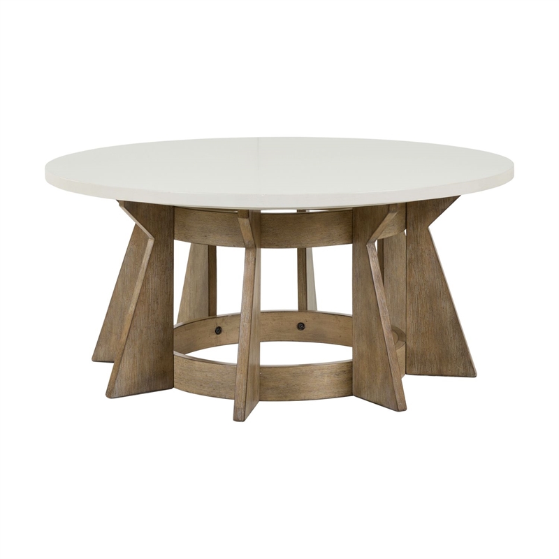 Pemberly Row Round Pedestal Cocktail Table in Rubberwood Linen & Khaki Finish