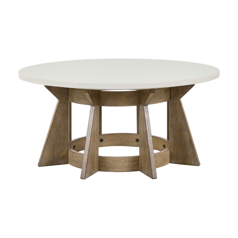 Pemberly Row Round Pedestal Cocktail Table in Rubberwood Linen & Khaki Finish