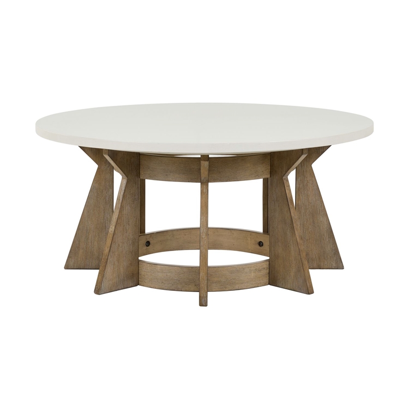 Pemberly Row Round Pedestal Cocktail Table in Rubberwood Linen & Khaki Finish