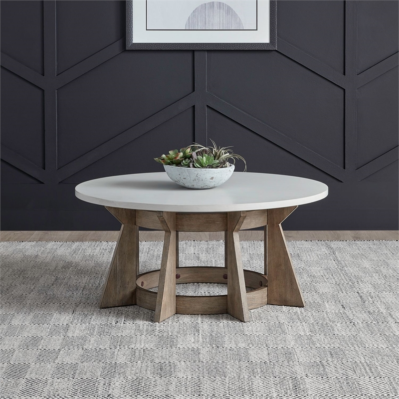 Pemberly Row Round Pedestal Cocktail Table in Rubberwood Linen & Khaki Finish