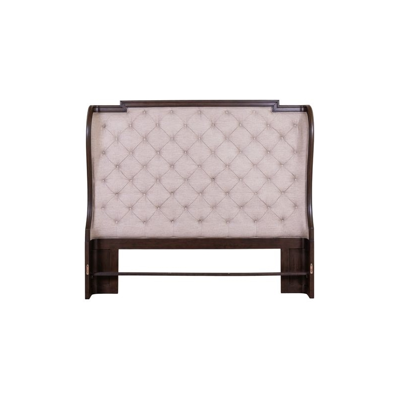 Pemberly Row Queen Upholstered Shelter Headboard with Tufted Panel in Brown