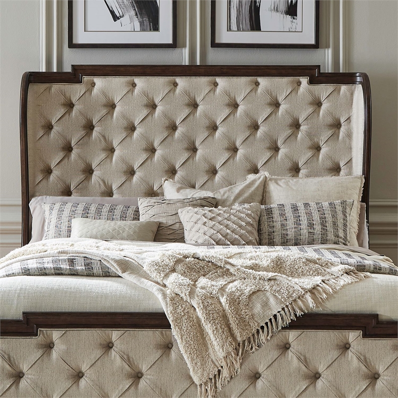 Pemberly Row Queen Upholstered Shelter Headboard with Tufted Panel in Brown