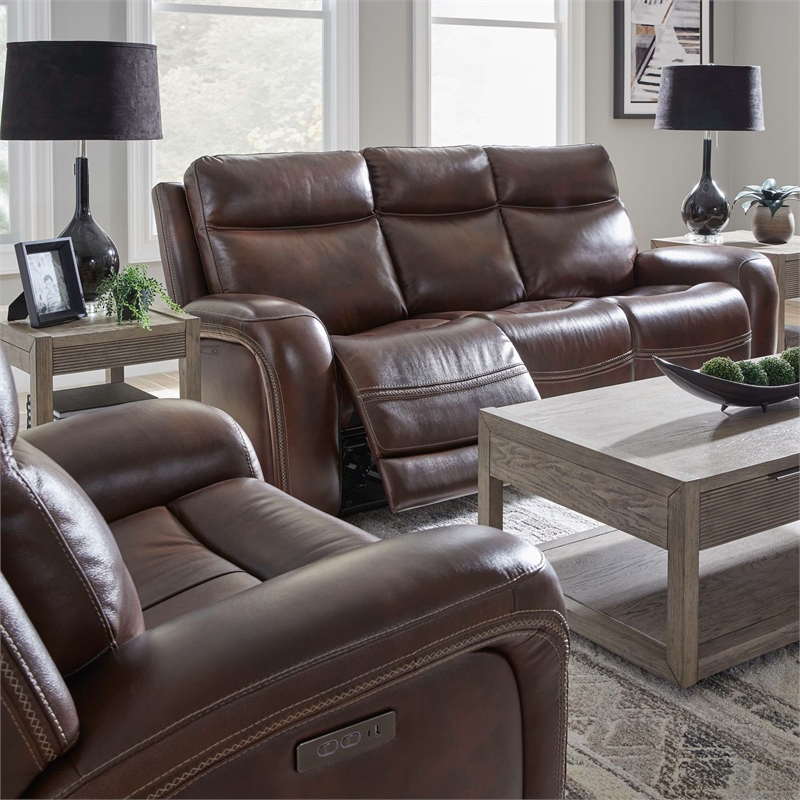 Pemberly Row Zero Gravity Power Reclining Sofa and Recliner in Cognac Leather